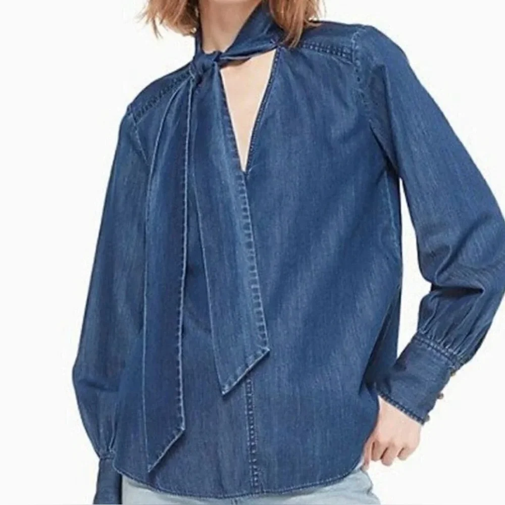 NWOT Kate spade Women's Navy Blue Tie-Neck denim Blouse Jacket size small